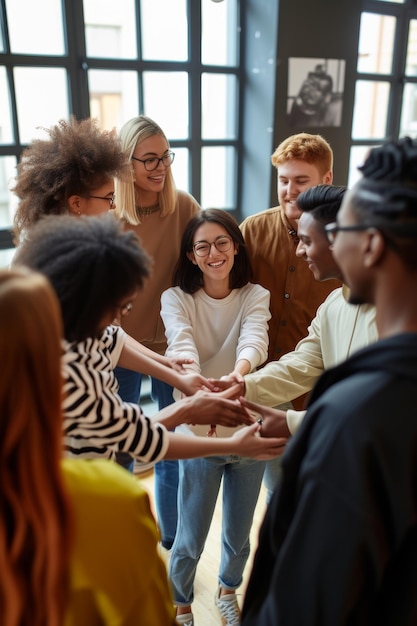 Foto ein vielfältiges team schließt sich in einer modernen büroumgebung in einer kollaborativen geste an