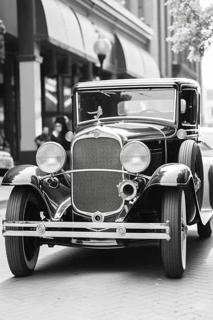 Foto ein vintage-auto ist auf der straße geparkt und hat ein nummernschild, auf dem steht: 