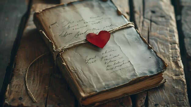 Foto ein vintage-buch mit einem roten herz, das mit einem stück schnur verbunden ist, das buch sitzt auf einem holztisch, der hintergrund ist unfokussiert.