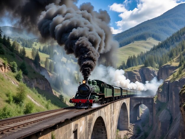 Foto ein vintage-dampfzug fährt mit vollgas über eine brücke in gebirgigem gelände