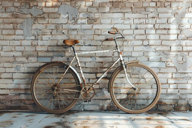 Ein Vintage-Fahrrad, das sich an eine Ziegelsteinmauer lehnt
