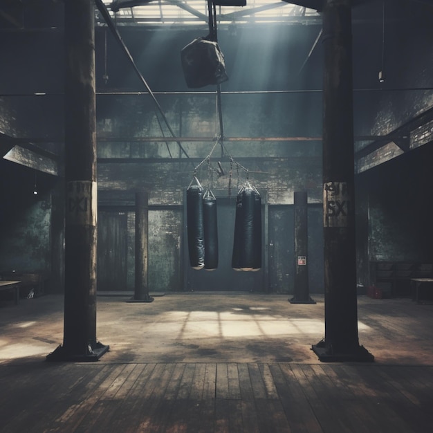 Ein Vintage-Fitnessstudio mit Boxsäcken