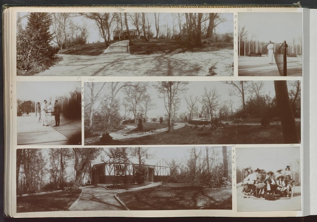 ein Vintage-Foto eines Hauses mit vielen Bildern, darunter eines, auf dem das Haus steht