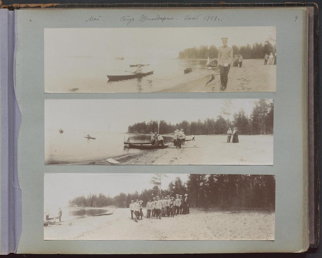 ein Vintage-Foto von einem Boot und einem Mann am Strand