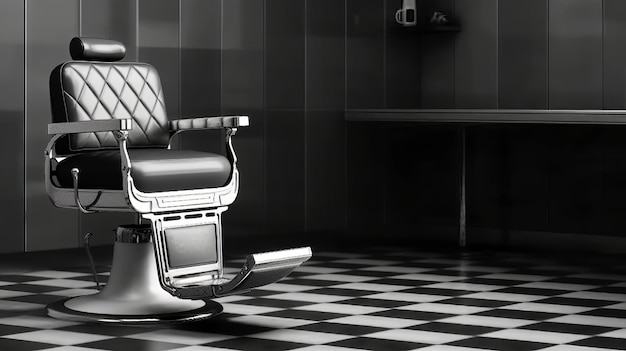 Foto ein vintage-friseurstuhl in einem schwach beleuchteten raum mit schwarz-weiß kariertem boden