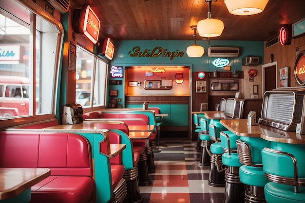 Ein Vintage-Holzbrett in einem Retro-Diner mit klassischen Jukeboxen und Neonlichtern