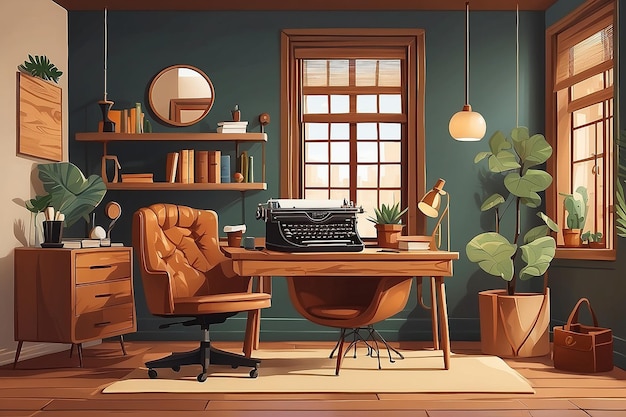 Ein vintage-inspiriertes Heimbüro mit einem Schreibmaschine-Lederstuhl und warmen Holzakzenten Vektorillustration im flachen Stil