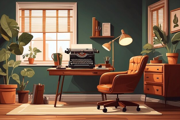 Ein vintage-inspiriertes Heimbüro mit einem Schreibmaschine-Lederstuhl und warmen Holzakzenten Vektorillustration im flachen Stil