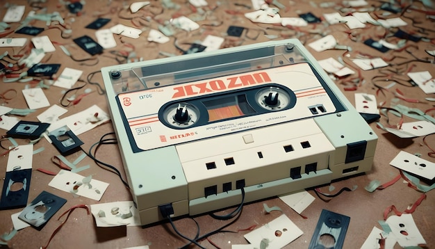 Foto ein vintage-kassetten-tape-deck mit streuungen, die nostalgie für das zeitalter der mixtapes hervorrufen
