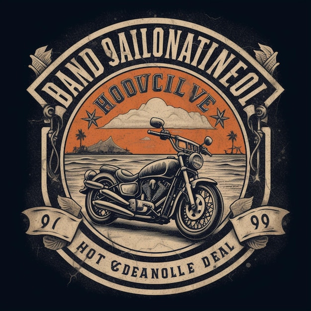 Ein Vintage-Motorrad-Logo mit einem Sonnenuntergang im Hintergrund