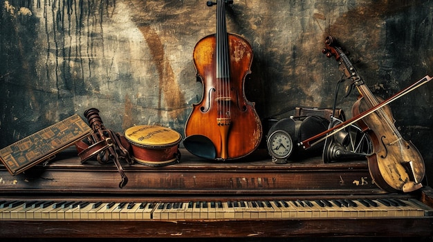 Foto ein vintage-musikbanner mit klassischen musikinstrumenten und -elementen