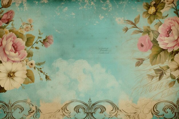 Ein Vintage-Papier mit Blumen und einem blauen Himmel