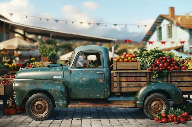 Ein Vintage-Pickup, der mit Erzeugnissen auf einer Farm beladen ist