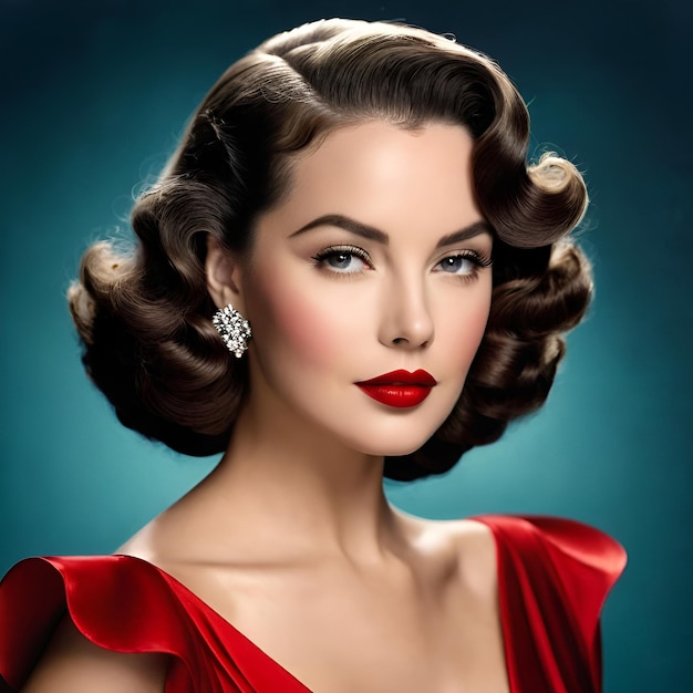 Ein Vintage-Porträt einer Frau mit klassischen Hollywood-Wellen und einem roten Lippenstift