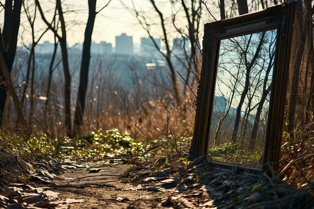 Foto ein vintage-spiegel auf einem waldweg spiegelt eine kontrastierende sicht auf blattlose zweige wider