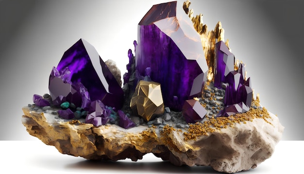 Ein violetter Amethyst sitzt auf einem Felsen mit goldenen und violetten Kristallen.
