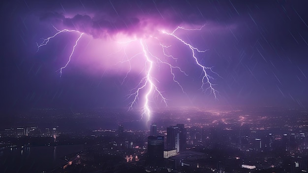 Ein violetter Gewittersturm mit einer Stadt im Hintergrund