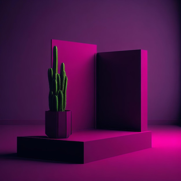 Ein violetter Raum mit einem Kaktus in einem Topf und einem Buch auf der rechten Seite.