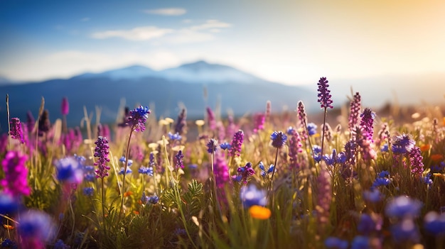 Ein violettes Blumenfeld mit Bergen im Hintergrund