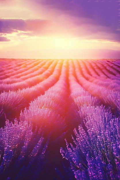 Foto ein violettes lavendelfeld mit der untergehenden sonne dahinter.