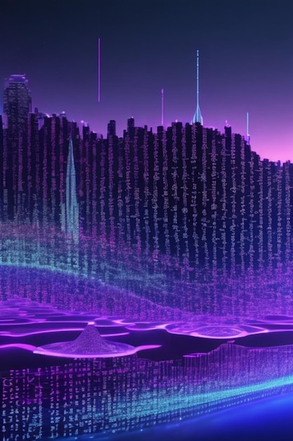 ein violettes Stadtbild mit violettem Hintergrund und einer Stadt im Hintergrund.