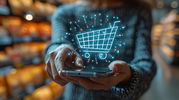 Ein virtuelles Symbol für Online-Shopping mit einer modernen Benutzeroberfläche und einem Smartphone