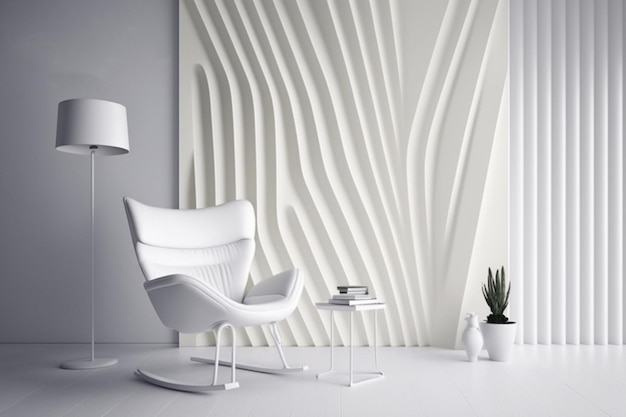 Ein visuell beeindruckendes Bild eines Zimmers mit Pantone-Weiß-Dekor und farbenfrohen Möbeln