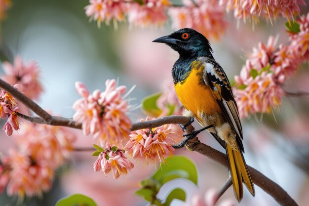 Ein Vogel als Wächter auf einem blühenden Akazienzweig