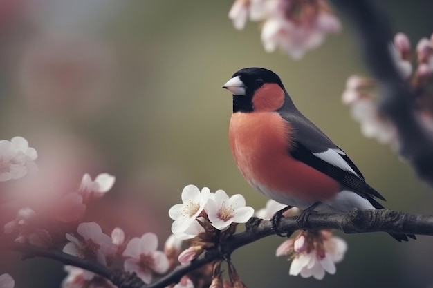 Ein Vogel auf einem Ast mit Blumen im Hintergrund