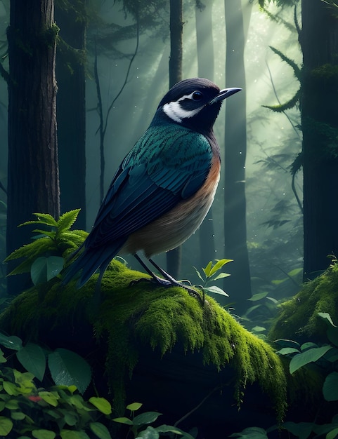 Ein Vogel auf einem Ast mit einem von der Natur erzeugten KI-Bild