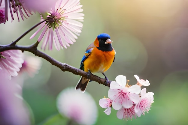 ein Vogel auf einer Zweige mit einer Blume im Hintergrund