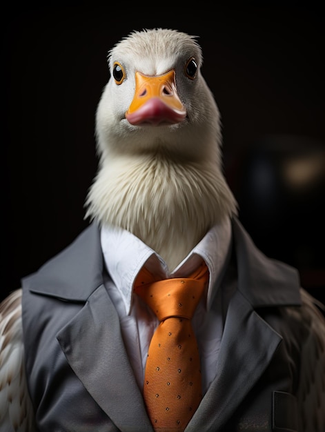 ein Vogel, der einen Anzug mit einer orangefarbenen Krawatte und einen grauen Anzug mit einem gelben Schnabel trägt