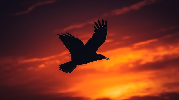 Ein Vogel, der in den Himmel fliegt, mit einem roten und orangefarbenen Himmel im Hintergrund.