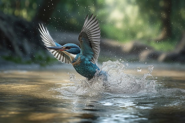Ein Vogel, der in einem Fluss mit dem Wort Eisvogel darauf abhebt