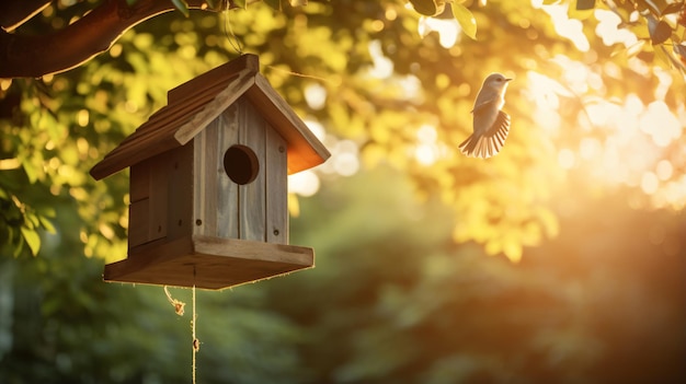 Ein Vogel fliegt auf ein Vogelhaus zu