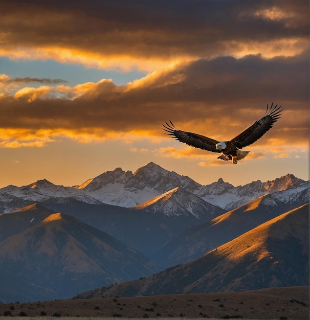 ein Vogel fliegt über eine Bergkette und die Sonne liegt hinter ihm