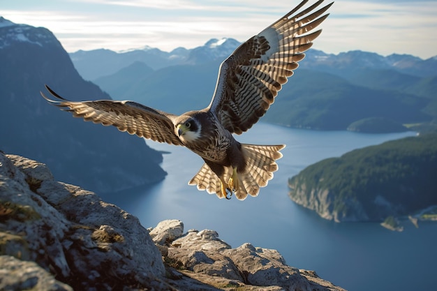 ein Vogel fliegt über einen Berg mit einem See im Hintergrund