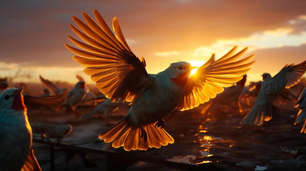 ein Vogel fliegt vor einem Sonnenuntergang mit der Sonne dahinter.