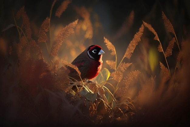 Ein Vogel im Gras mit rotem Gesicht und schwarzen Augen