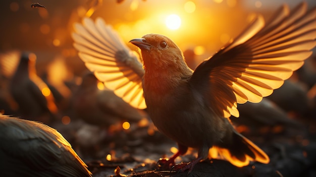 ein Vogel mit ausgebreiteten Flügeln steht auf einem Kohlehaufen.