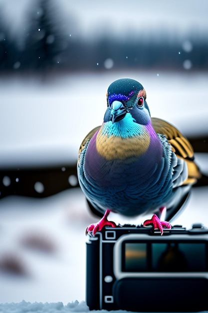 Ein Vogel mit blau-oranger Brust sitzt auf einer Kamera.