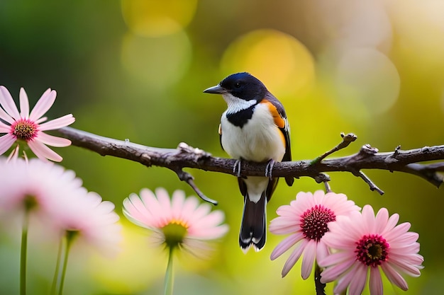 Ein Vogel mit blau-weißer Brust sitzt auf einem Ast mit rosa Blüten im Hintergrund.