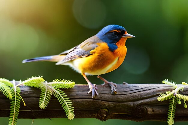 Ein Vogel mit blauem Kopf sitzt auf einem Ast mit grünem Blatthintergrund.