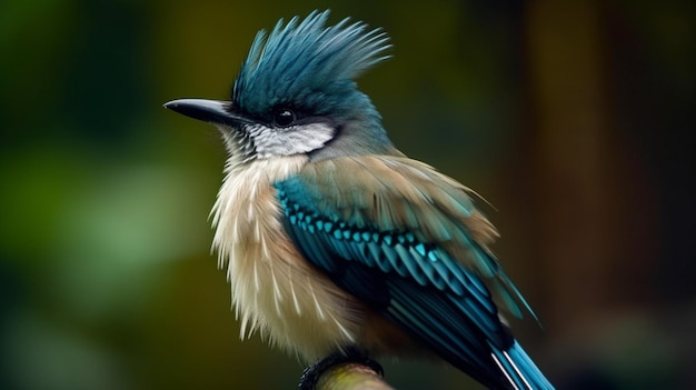 Ein Vogel mit blauem Kopf und blauen Federn sitzt auf einem Ast.