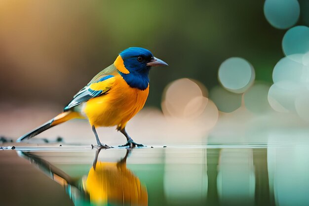 Ein Vogel mit blauem Kopf und gelben Flügeln steht auf einer nassen Oberfläche.