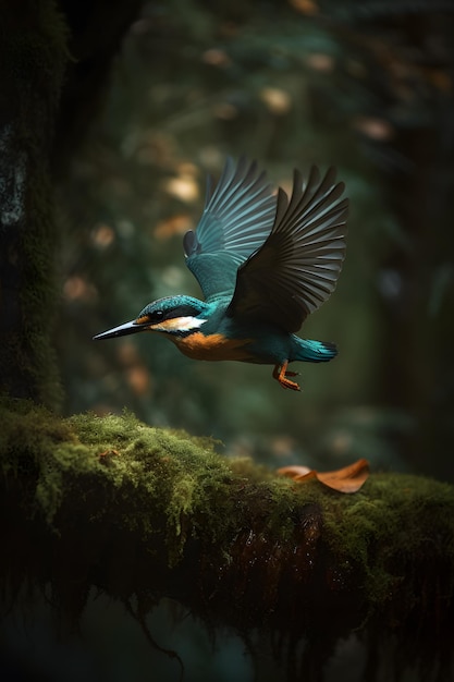 Ein Vogel mit blauem Schwanz und grünen Flügeln fliegt im Wald.