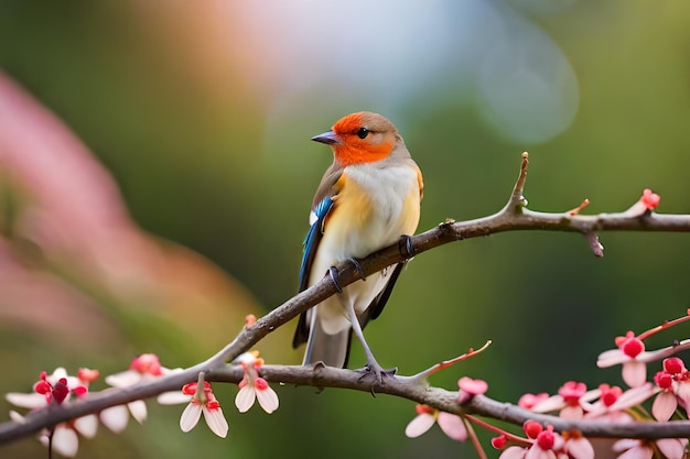 Ein Vogel mit blauem und orangefarbenem Kopf und rotem Schnabel sitzt auf einem Zweig mit rosa Blüten.