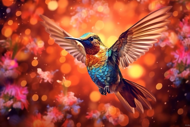 Ein Vogel mit blauen und goldenen Flügeln fliegt vor einem Hintergrund aus orangefarbenen und gelben Lichtern.