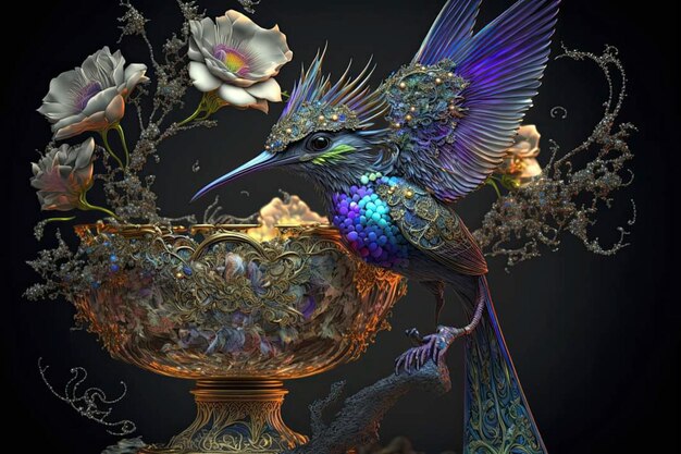 Ein Vogel mit blauen und violetten Flügeln sitzt auf einer Vase mit Rosen.