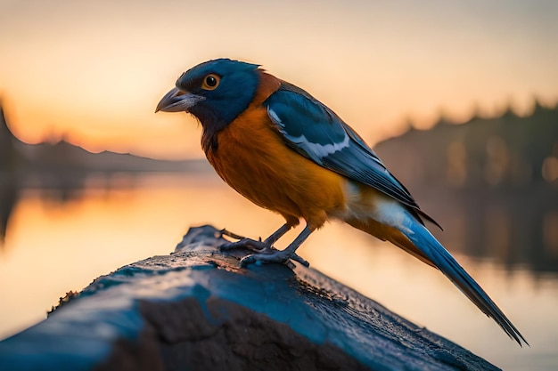 Ein Vogel mit blauer und oranger Brust sitzt auf einem Boot im Wasser.